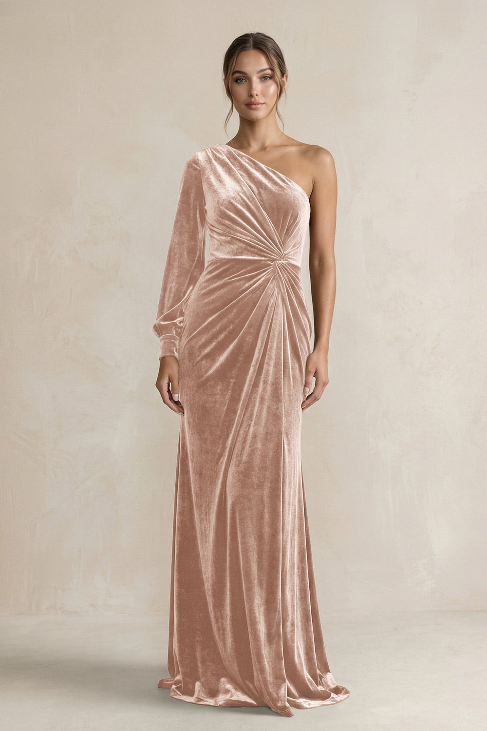 Velvet One Shoulder Sheath Long Sleeve Bridesmaid Dress in Champagne Rose - KissProm Bridesmaid Dresses