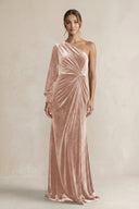Velvet One Shoulder Sheath Long Sleeve Bridesmaid Dress in Champagne Rose - KissProm Bridesmaid Dresses