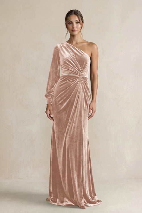 Velvet One Shoulder Sheath Long Sleeve Bridesmaid Dress in Champagne Rose - KissProm Bridesmaid Dresses