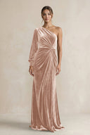 Velvet One Shoulder Sheath Long Sleeve Bridesmaid Dress in Champagne Rose - KissProm Bridesmaid Dresses