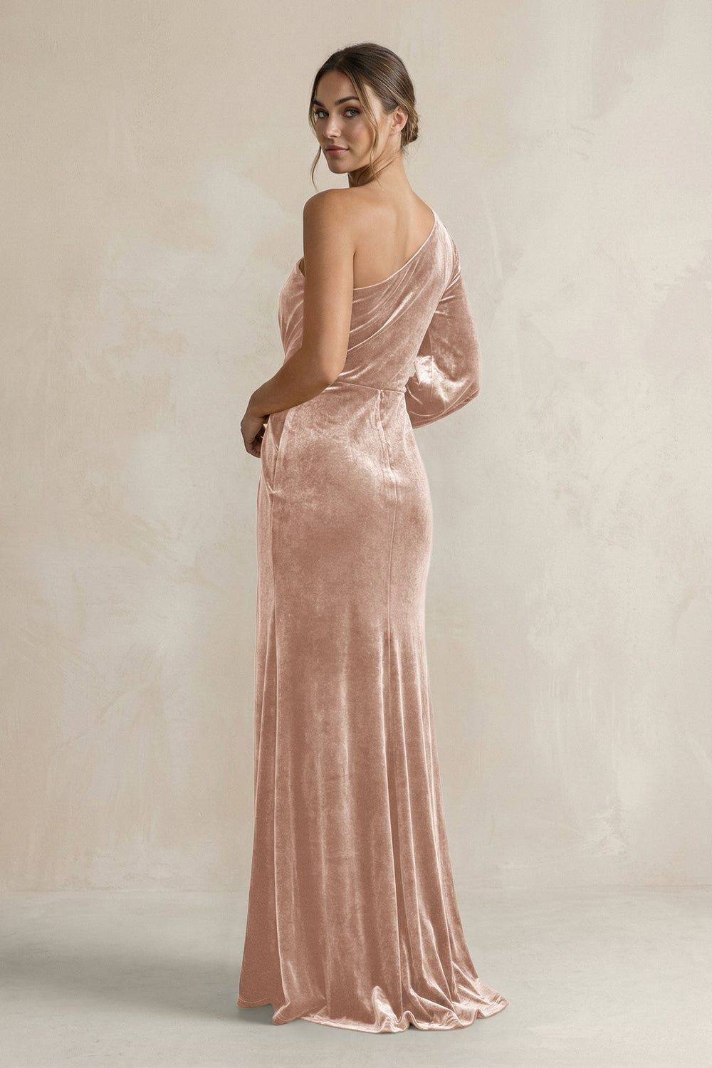 Velvet One Shoulder Sheath Long Sleeve Bridesmaid Dress in Champagne Rose - KissProm Bridesmaid Dresses