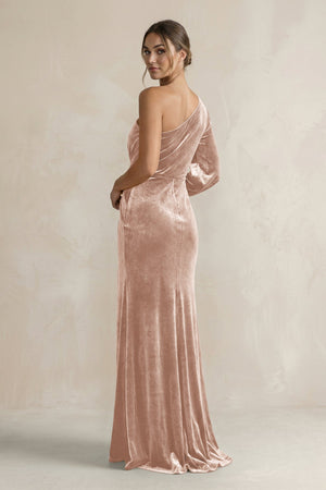 Velvet One Shoulder Sheath Long Sleeve Bridesmaid Dress in Champagne Rose - KissProm Bridesmaid Dresses