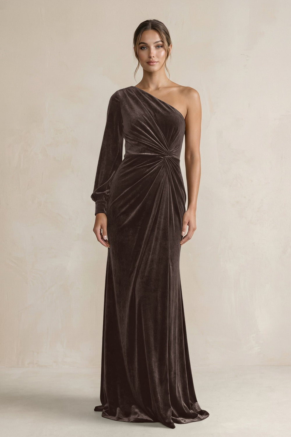 Velvet One Shoulder Sheath Long Sleeve Bridesmaid Dress in Chocolate - KissProm Bridesmaid Dresses