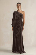Velvet One Shoulder Sheath Long Sleeve Bridesmaid Dress in Chocolate - KissProm Bridesmaid Dresses
