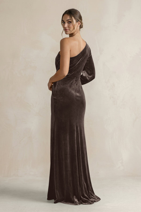 Velvet One Shoulder Sheath Long Sleeve Bridesmaid Dress in Chocolate - KissProm Bridesmaid Dresses