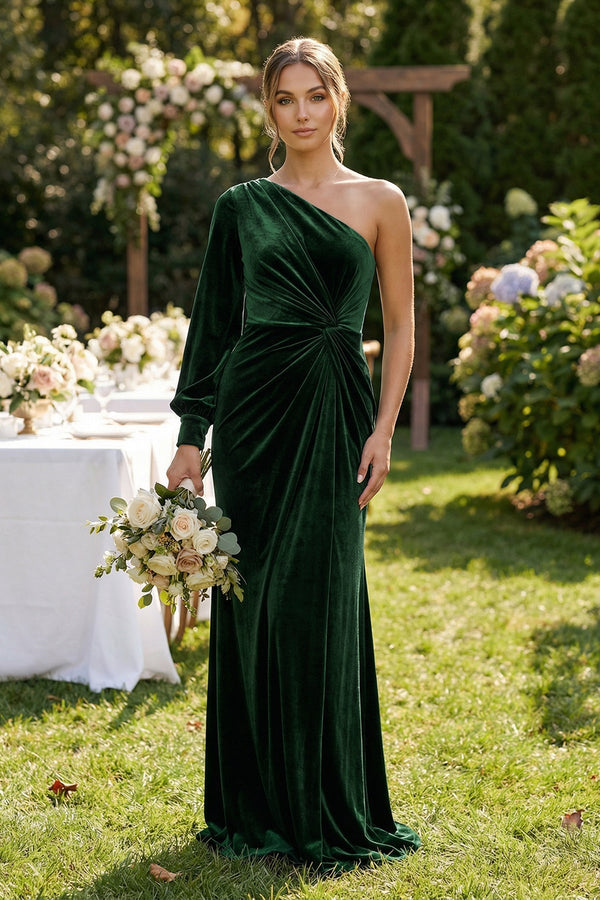 KissProm Velvet One Shoulder Sheath Long Sleeve Bridesmaid Dress in Dark Green, Dark Green / 22