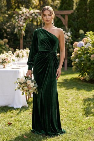 Velvet One Shoulder Sheath Long Sleeve Bridesmaid Dress in Dark Green - KissProm Bridesmaid Dresses