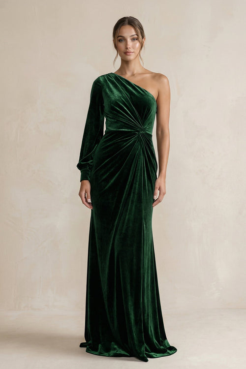 KissProm Velvet One Shoulder Sheath Long Sleeve Bridesmaid Dress in Dark Green, Dark Green / 22