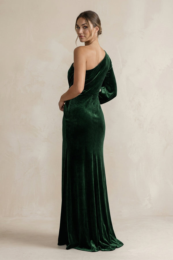 KissProm Velvet One Shoulder Sheath Long Sleeve Bridesmaid Dress in Dark Green, Dark Green / 22