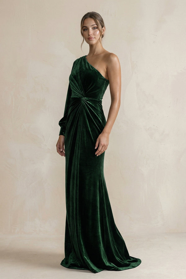 Velvet One Shoulder Sheath Long Sleeve Bridesmaid Dress in Dark Green - KissProm Bridesmaid Dresses