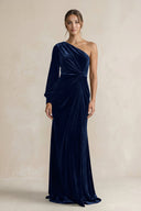 Velvet One Shoulder Sheath Long Sleeve Bridesmaid Dress in Dark Navy - KissProm Bridesmaid Dresses