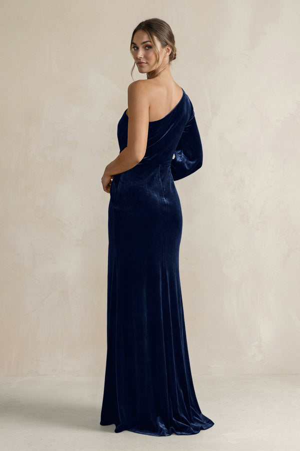 Velvet One Shoulder Sheath Long Sleeve Bridesmaid Dress in Dark Navy - KissProm Bridesmaid Dresses