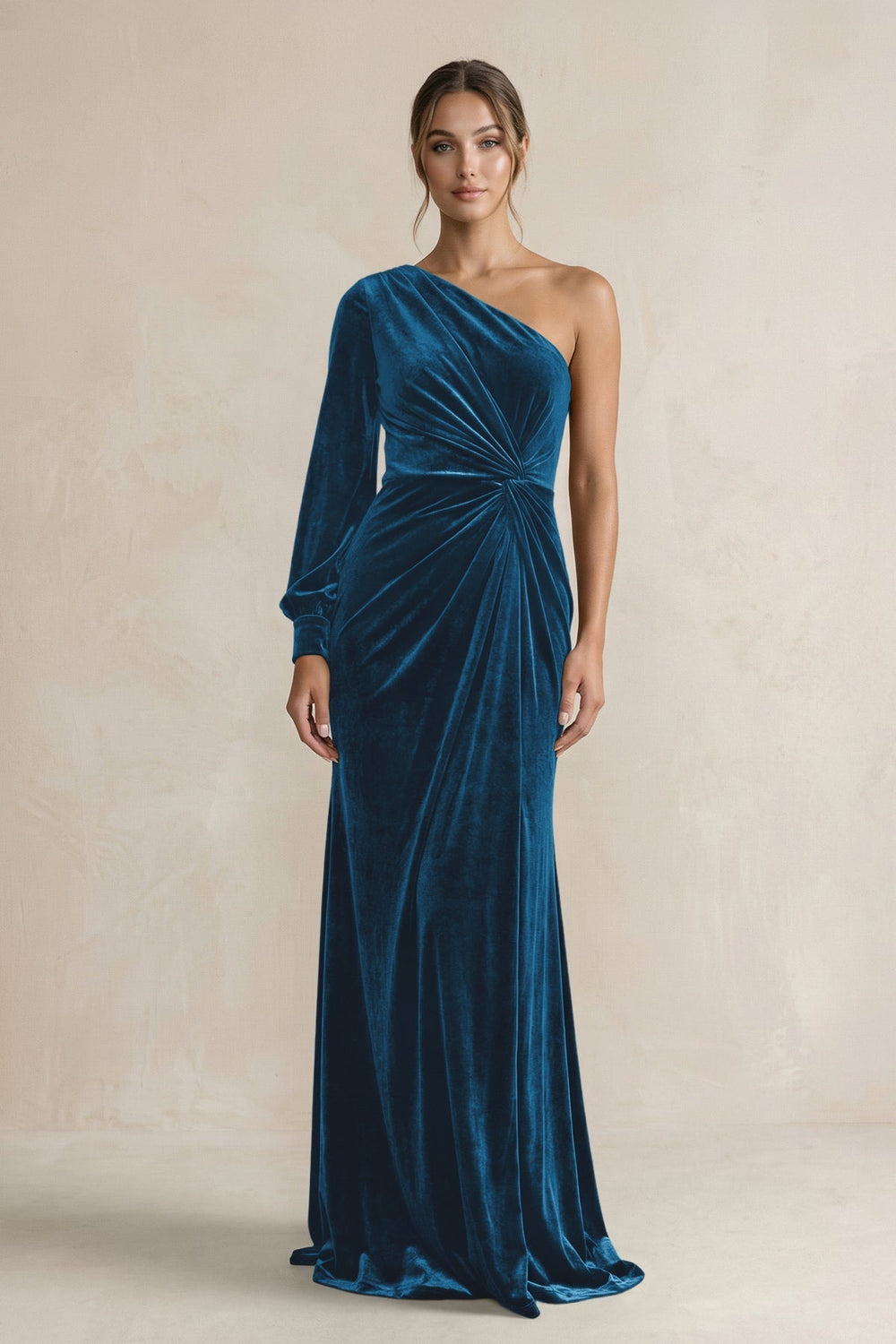 Velvet One Shoulder Sheath Long Sleeve Bridesmaid Dress in Dark Teal - KissProm Bridesmaid Dresses