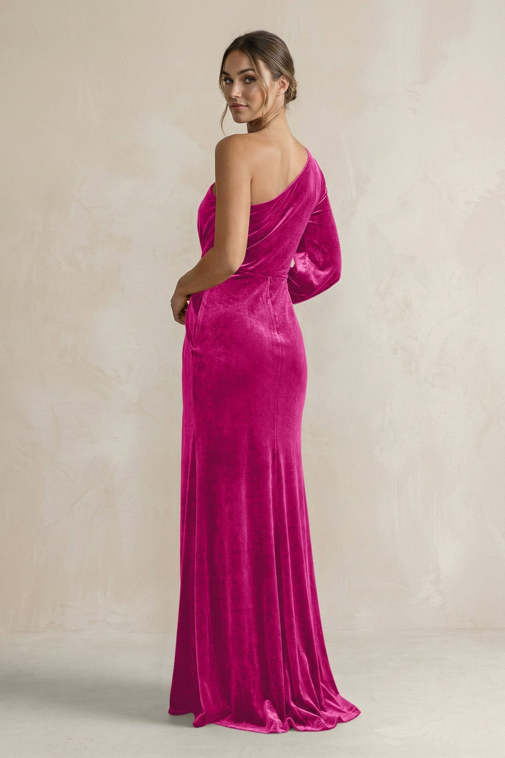 Velvet One Shoulder Sheath Long Sleeve Bridesmaid Dress in Desert Rose - KissProm Bridesmaid Dresses