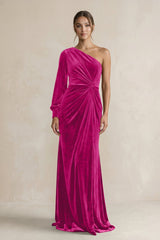 Velvet One Shoulder Sheath Long Sleeve Bridesmaid Dress in Desert Rose - KissProm Bridesmaid Dresses