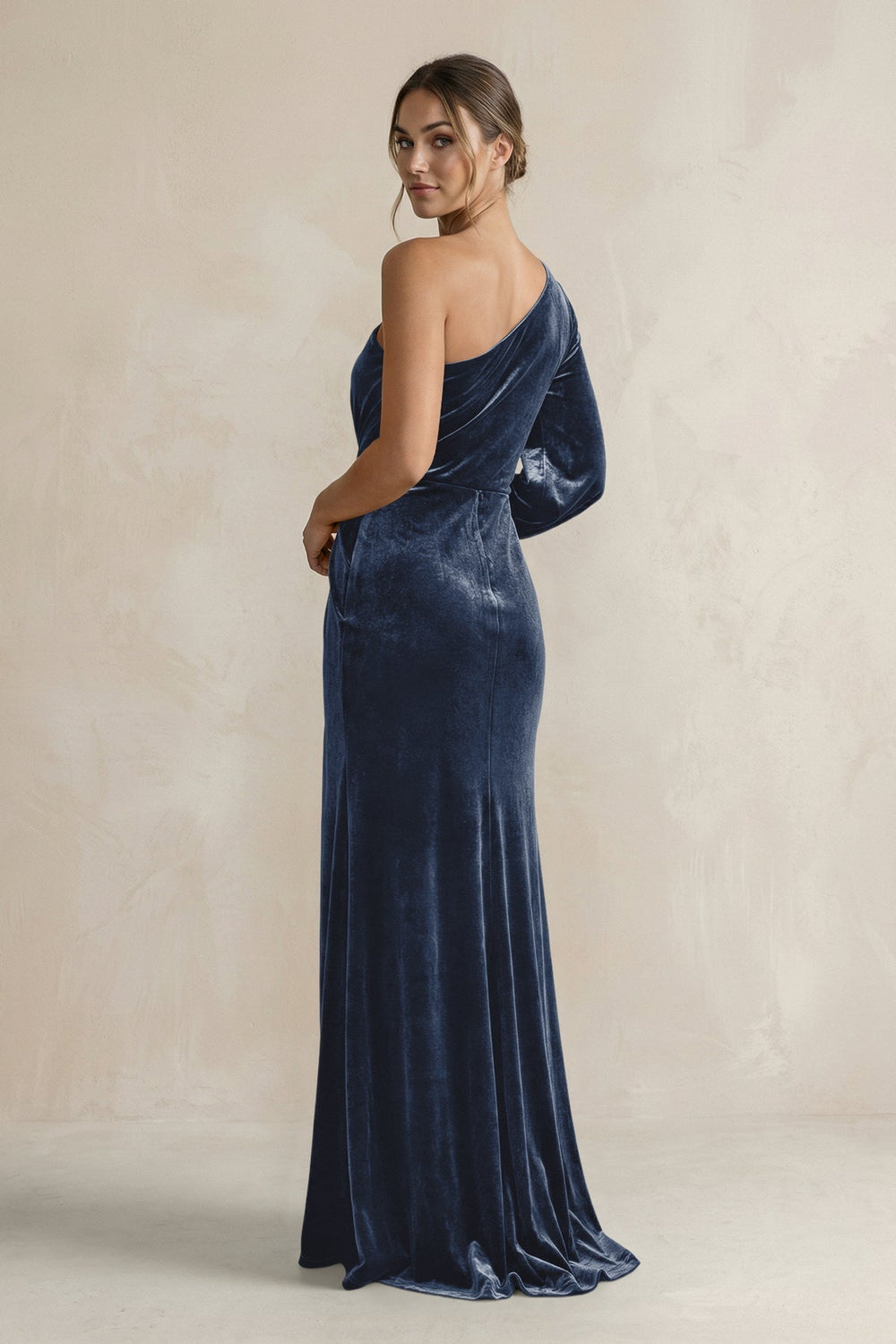 Velvet One Shoulder Sheath Long Sleeve Bridesmaid Dress in Dusk Blue - KissProm Bridesmaid Dresses