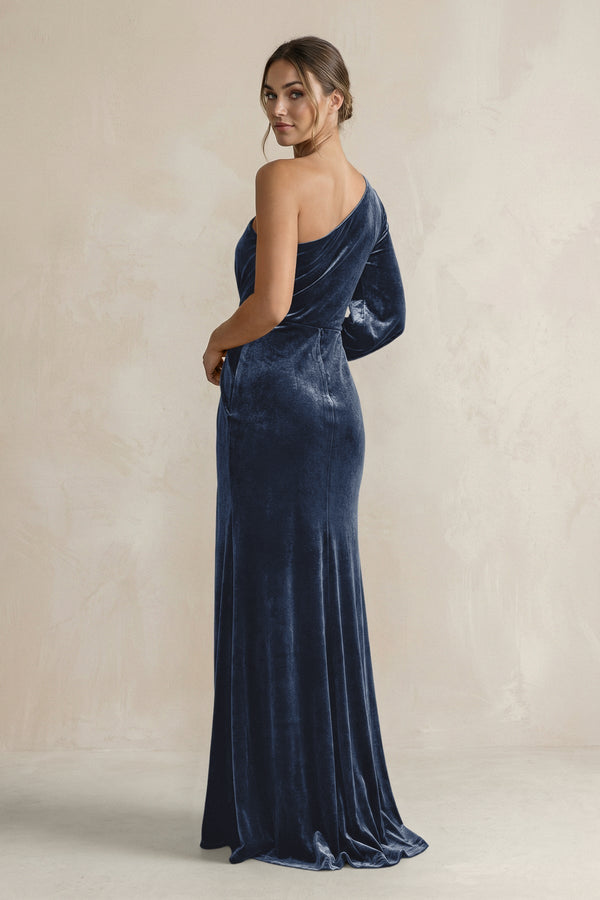 Velvet One Shoulder Sheath Long Sleeve Bridesmaid Dress in Dusk Blue - KissProm Bridesmaid Dresses