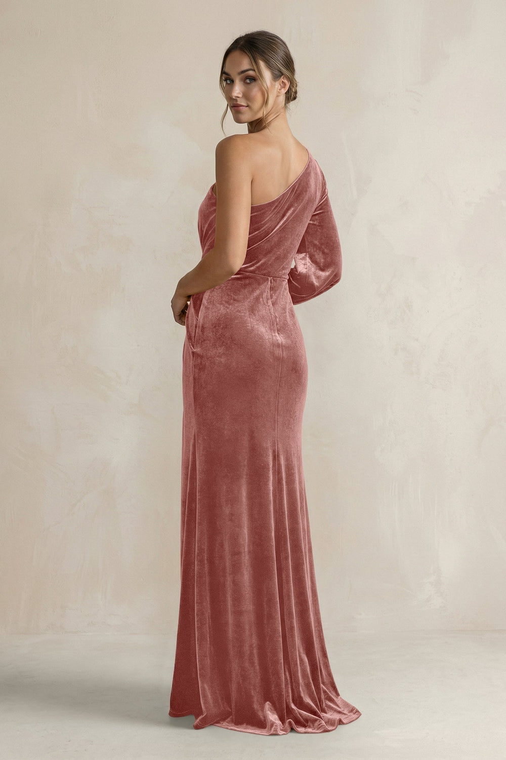 Velvet One Shoulder Sheath Long Sleeve Bridesmaid Dress in Dusty Rose - KissProm Bridesmaid Dresses
