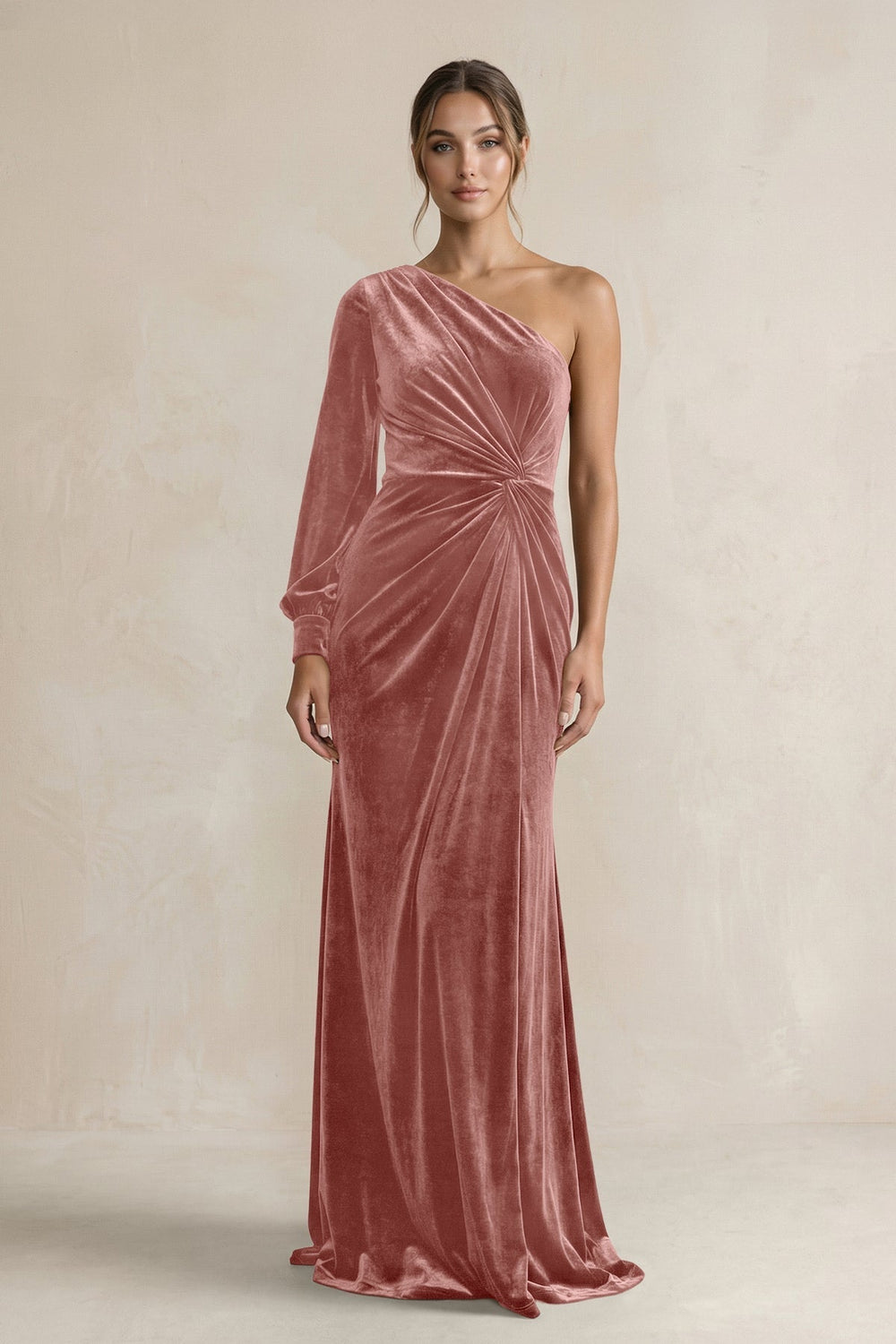 Velvet One Shoulder Sheath Long Sleeve Bridesmaid Dress in Dusty Rose - KissProm Bridesmaid Dresses