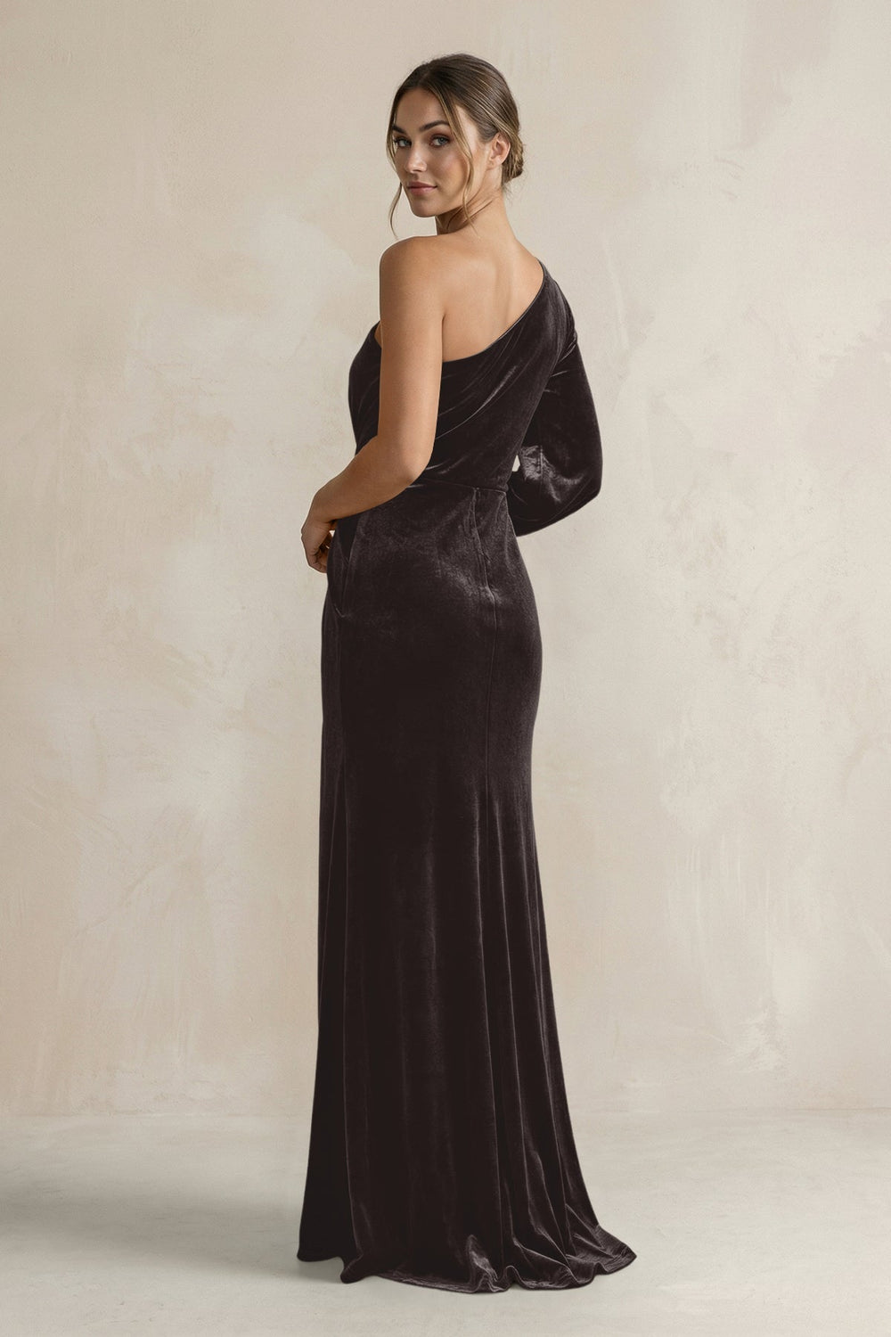 Velvet One Shoulder Sheath Long Sleeve Bridesmaid Dress in Espresso - KissProm Bridesmaid Dresses