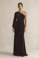 Velvet One Shoulder Sheath Long Sleeve Bridesmaid Dress in Espresso - KissProm Bridesmaid Dresses