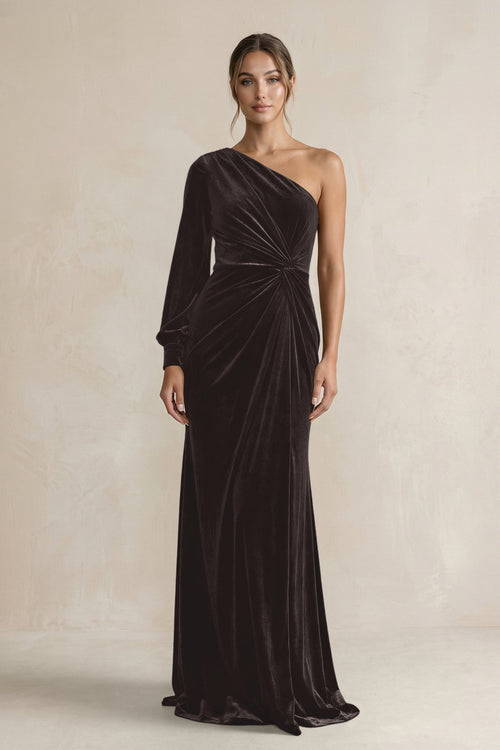 Velvet One Shoulder Sheath Long Sleeve Bridesmaid Dress in Espresso - KissProm Bridesmaid Dresses