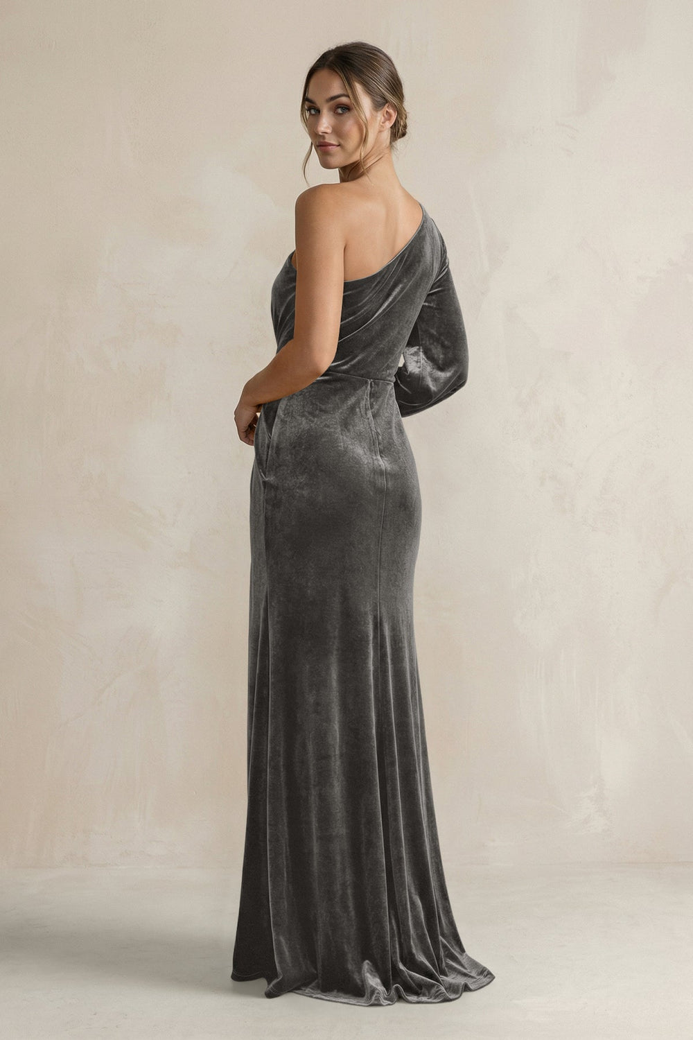 Velvet One Shoulder Sheath Long Sleeve Bridesmaid Dress in Frost - KissProm Bridesmaid Dresses