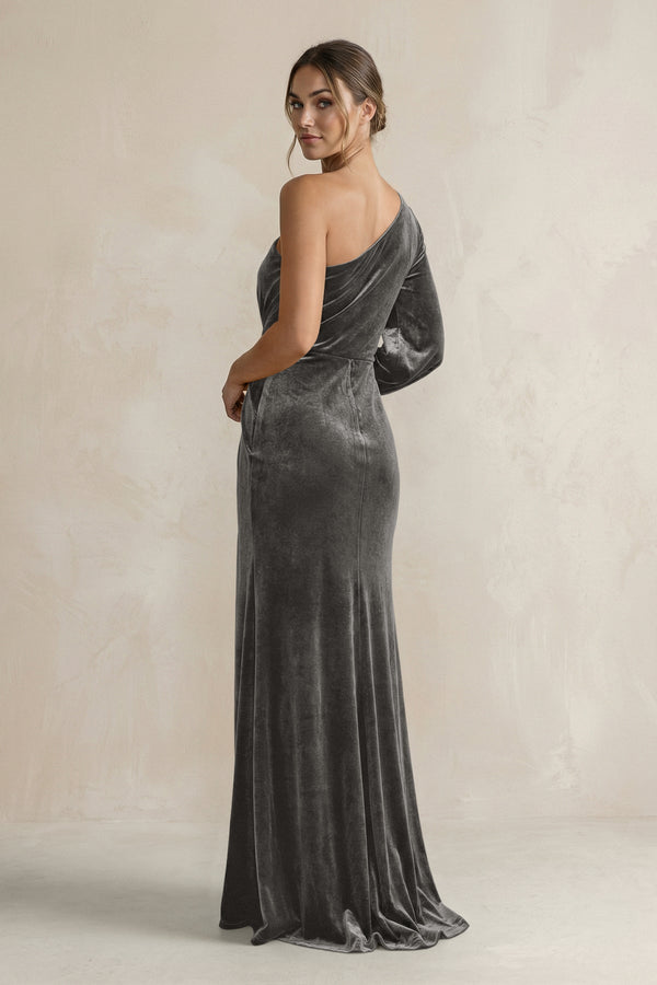 Velvet One Shoulder Sheath Long Sleeve Bridesmaid Dress in Frost - KissProm Bridesmaid Dresses