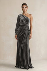 Velvet One Shoulder Sheath Long Sleeve Bridesmaid Dress in Frost - KissProm Bridesmaid Dresses
