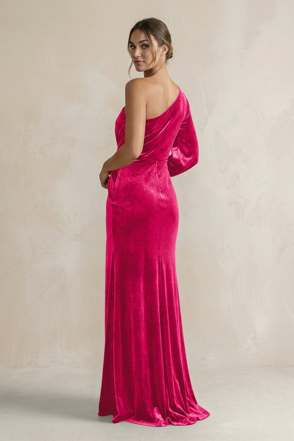 Velvet One Shoulder Sheath Long Sleeve Bridesmaid Dress in Fuchsia - KissProm Bridesmaid Dresses