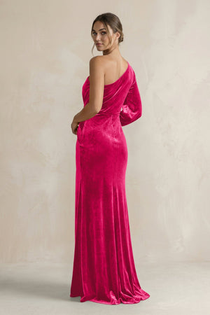 Velvet One Shoulder Sheath Long Sleeve Bridesmaid Dress in Fuchsia - KissProm Bridesmaid Dresses