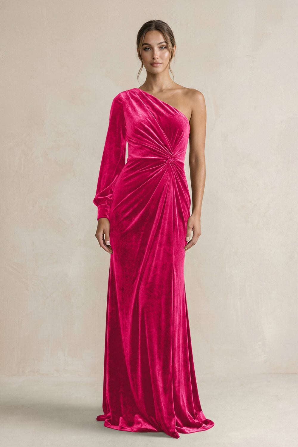 Velvet One Shoulder Sheath Long Sleeve Bridesmaid Dress in Fuchsia - KissProm Bridesmaid Dresses