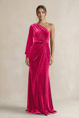 Velvet One Shoulder Sheath Long Sleeve Bridesmaid Dress in Fuchsia - KissProm Bridesmaid Dresses