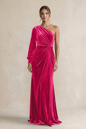 Velvet One Shoulder Sheath Long Sleeve Bridesmaid Dress in Fuchsia - KissProm Bridesmaid Dresses