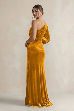 Velvet One Shoulder Sheath Long Sleeve Bridesmaid Dress in Gold - KissProm Bridesmaid Dresses