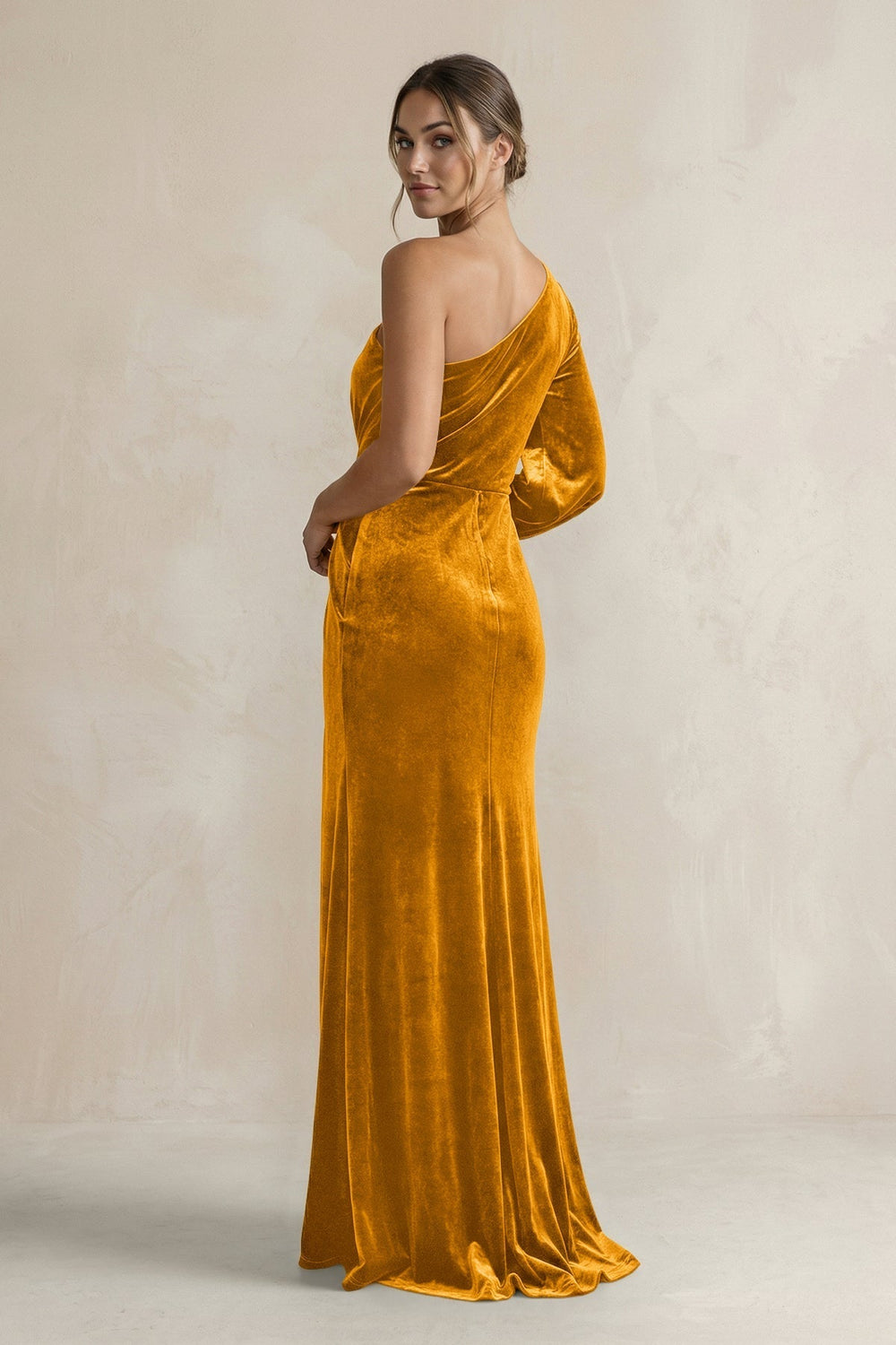 Velvet One Shoulder Sheath Long Sleeve Bridesmaid Dress in Gold - KissProm Bridesmaid Dresses