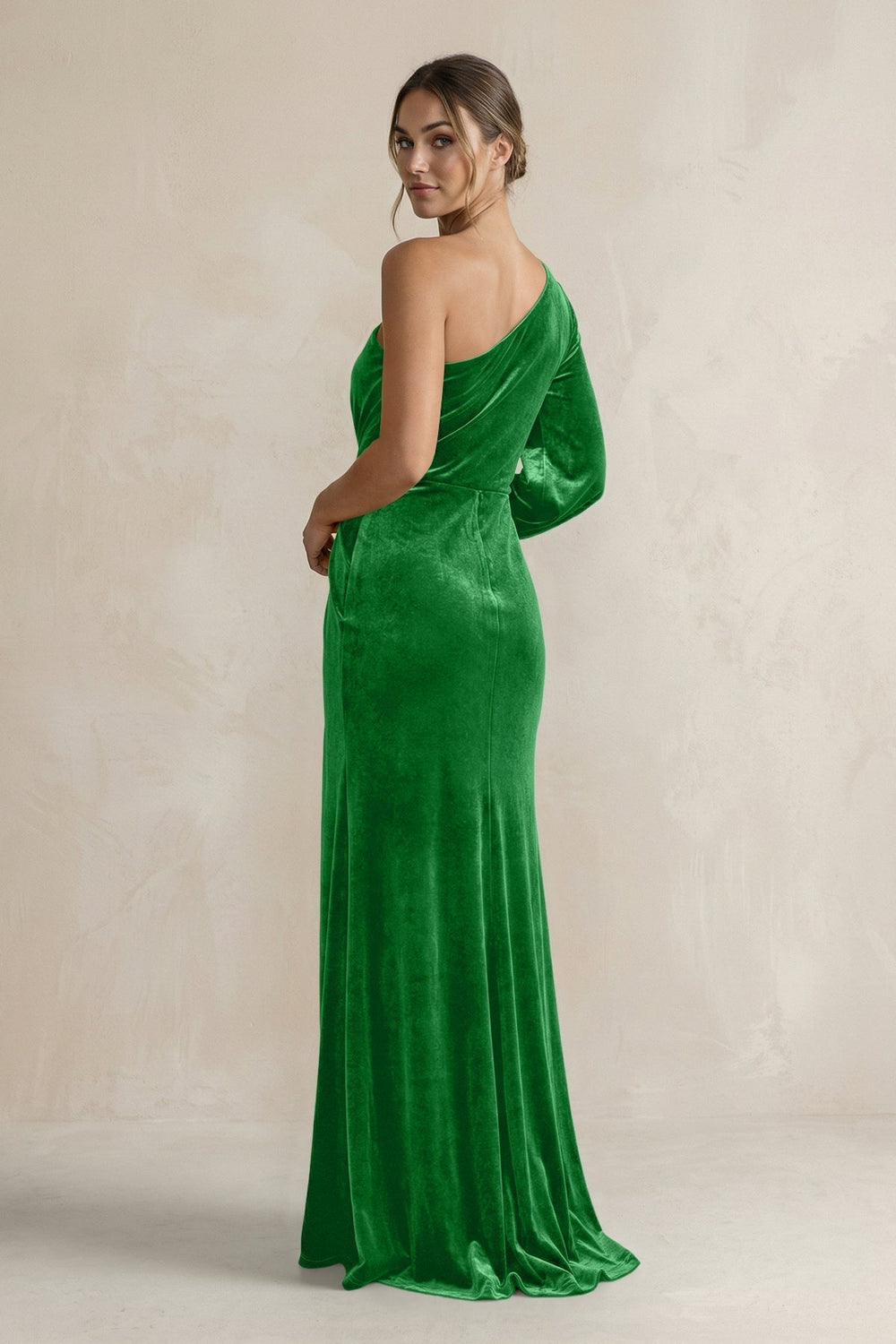 Velvet One Shoulder Sheath Long Sleeve Bridesmaid Dress in Green - KissProm Bridesmaid Dresses