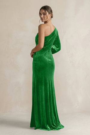 Velvet One Shoulder Sheath Long Sleeve Bridesmaid Dress in Green - KissProm Bridesmaid Dresses