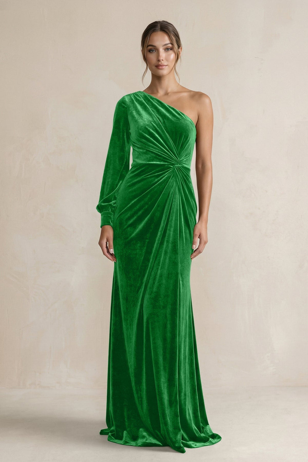 Velvet One Shoulder Sheath Long Sleeve Bridesmaid Dress in Green - KissProm Bridesmaid Dresses