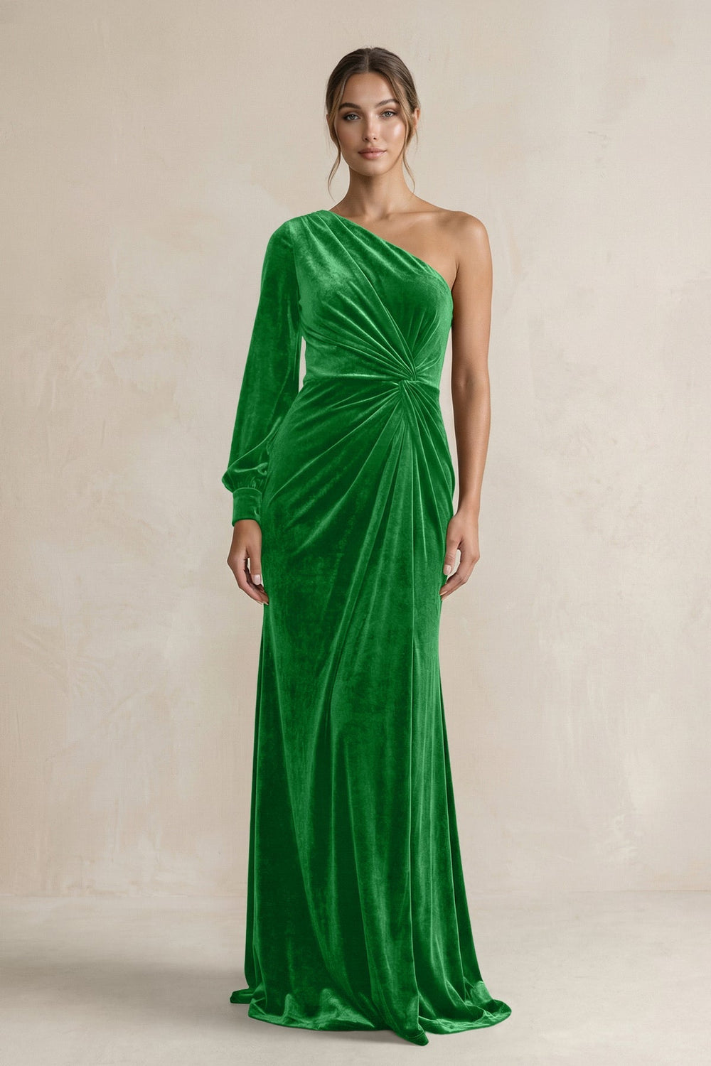 Velvet One Shoulder Sheath Long Sleeve Bridesmaid Dress in Green - KissProm Bridesmaid Dresses