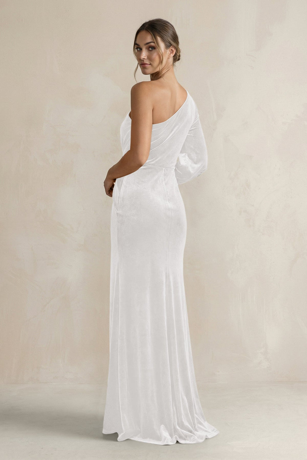 Velvet One Shoulder Sheath Long Sleeve Bridesmaid Dress in Ivory - KissProm Bridesmaid Dresses