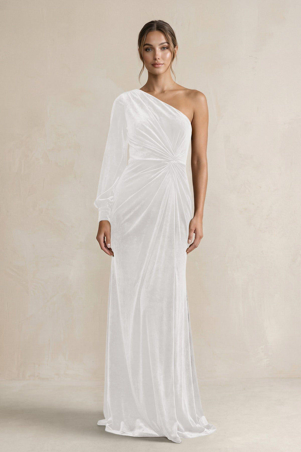 Velvet One Shoulder Sheath Long Sleeve Bridesmaid Dress in Ivory - KissProm Bridesmaid Dresses