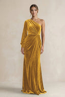 Velvet One Shoulder Sheath Long Sleeve Bridesmaid Dress in Marigold - KissProm Bridesmaid Dresses