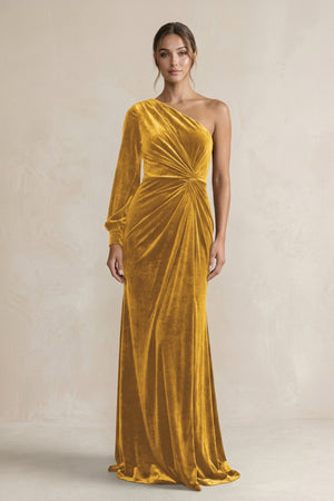 Velvet One Shoulder Sheath Long Sleeve Bridesmaid Dress in Marigold - KissProm Bridesmaid Dresses