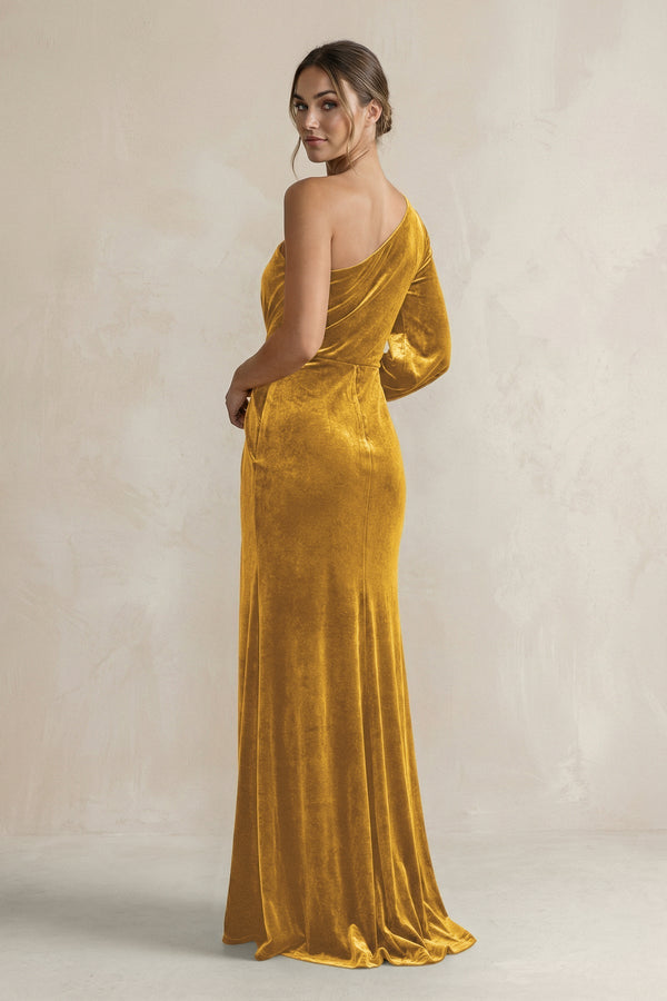 Velvet One Shoulder Sheath Long Sleeve Bridesmaid Dress in Marigold - KissProm Bridesmaid Dresses