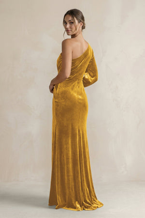 Velvet One Shoulder Sheath Long Sleeve Bridesmaid Dress in Marigold - KissProm Bridesmaid Dresses