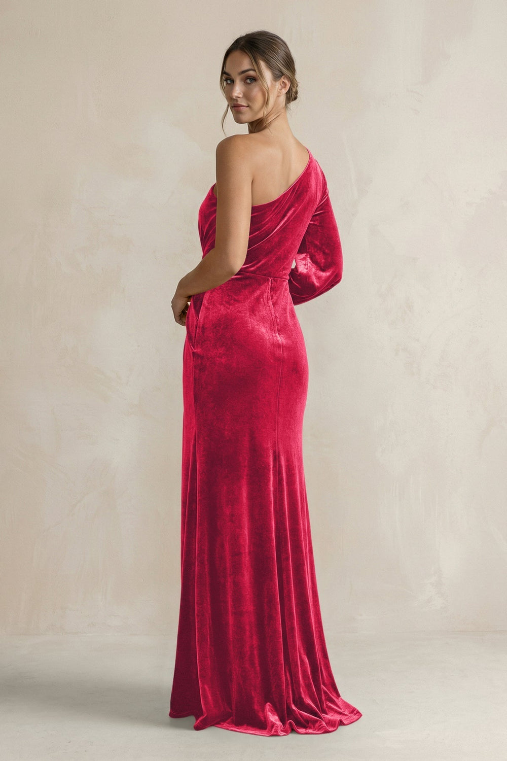 Velvet One Shoulder Sheath Long Sleeve Bridesmaid Dress in Merlot - KissProm Bridesmaid Dresses