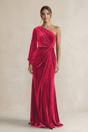Velvet One Shoulder Sheath Long Sleeve Bridesmaid Dress in Merlot - KissProm Bridesmaid Dresses