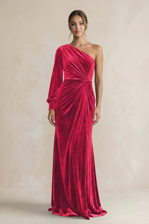 Velvet One Shoulder Sheath Long Sleeve Bridesmaid Dress in Merlot - KissProm Bridesmaid Dresses