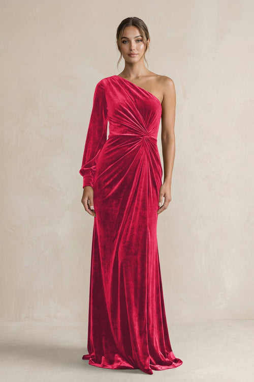 Velvet One Shoulder Sheath Long Sleeve Bridesmaid Dress in Merlot - KissProm Bridesmaid Dresses